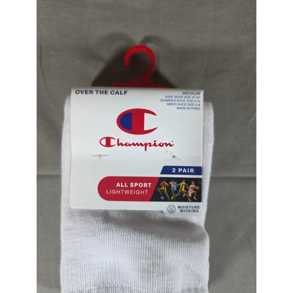 Champion Soccer Socks 2 Pair White Size Medium Over The Calf‎ Lightweight Unisex